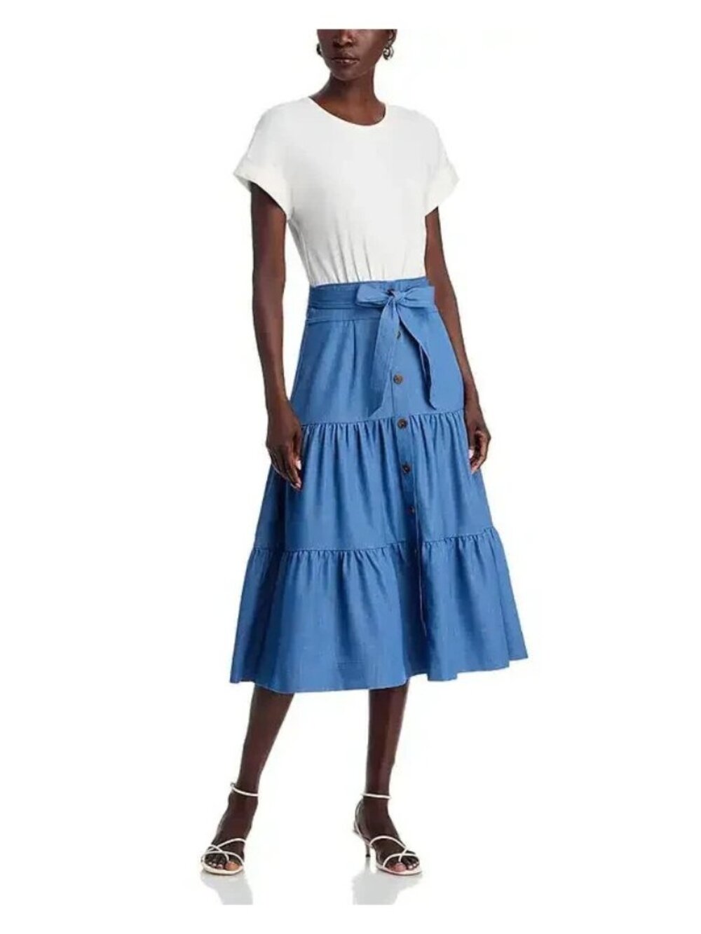 T Tahari Women Mixed-Media Tiered Fit & Flare Dress Blue White Size S MSRP $138